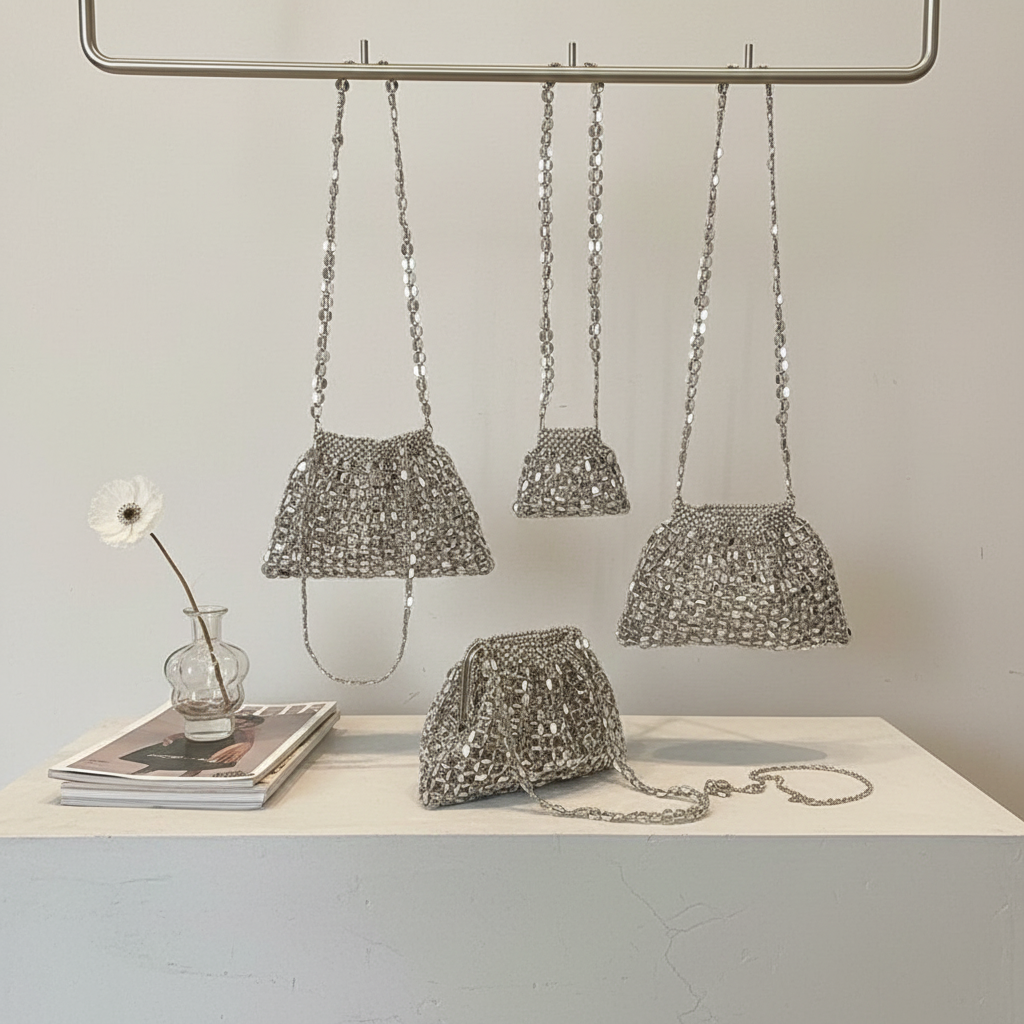 Mini Purse Chain - Silver Shiny Sequin Evening Banquet Bag