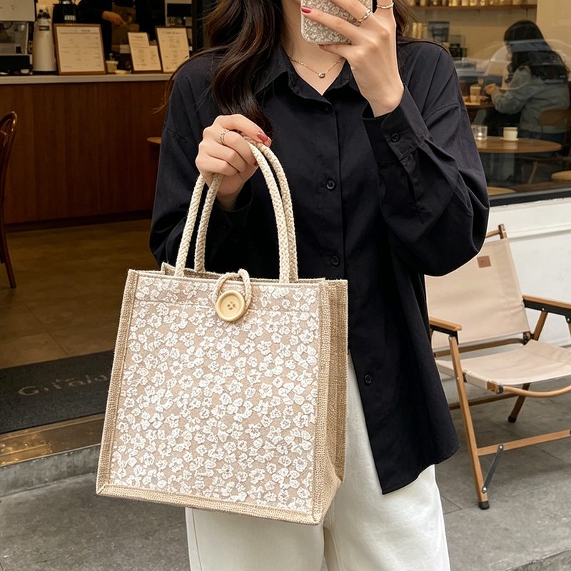 1pcs Lace Floral Jute Tote Bag - Women Bags Jute 评论和价格