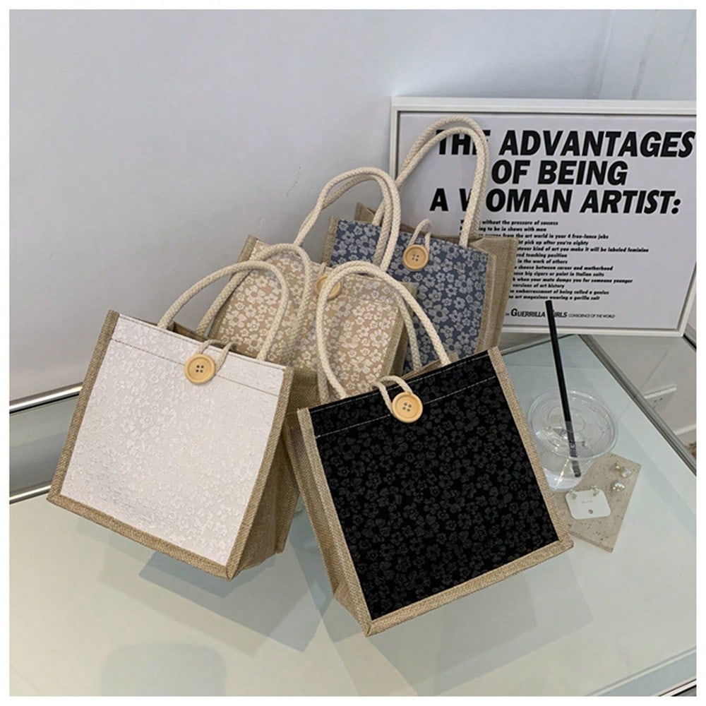 1pcs Lace Floral Jute Tote Bag - Women Bags Jute 评论和价格
